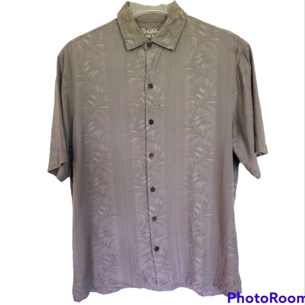 MEN'S Caribbean Silk Blend Thahitian Brown Short Sleeve Button Down Shirt Large